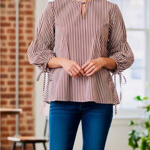 Express Burgundy Striped Blouse with Tie Sleeves